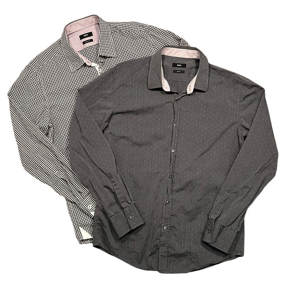 Hugo Boss 2 PC Dress Shirt Bundle Black White Gingham Gray Polka Dot Mens Large